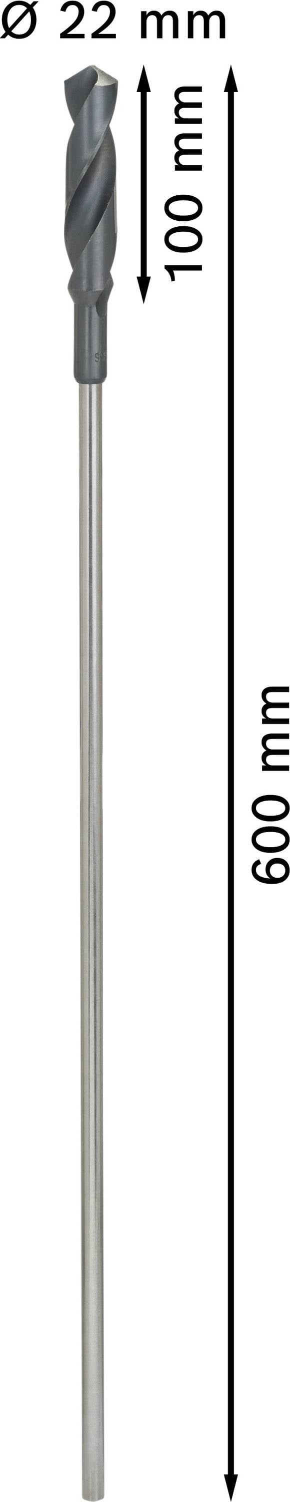 Boor met een diameter van 22 mm, een totale lengte van 600 mm en een spiraallengte van 100 mm.