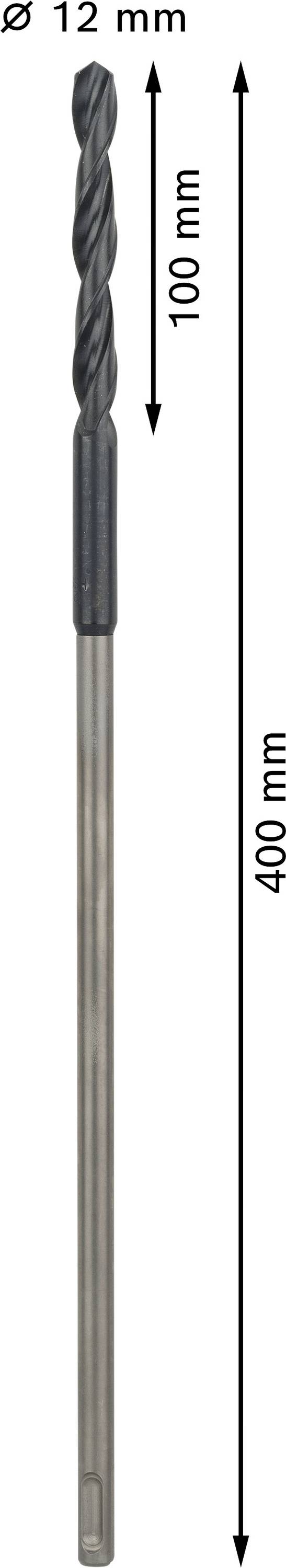 Boor met een diameter van 12 mm. Totale lengte 400 mm, bruikbare lengte 100 mm.