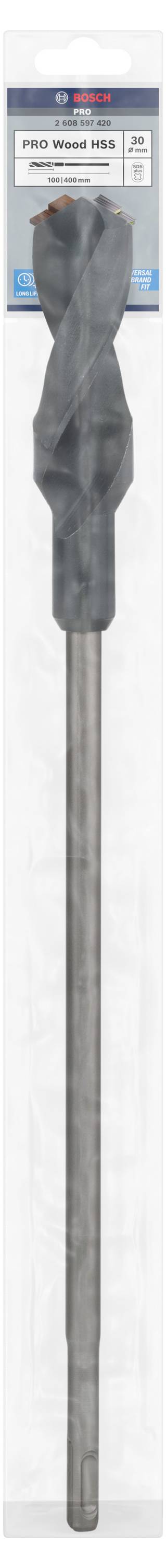 Boor: Bosch, diameter 20 mm, totale lengte 400 mm, SDS-max opname, geschikt voor beton. Verpakking toont merknaam en specificaties.