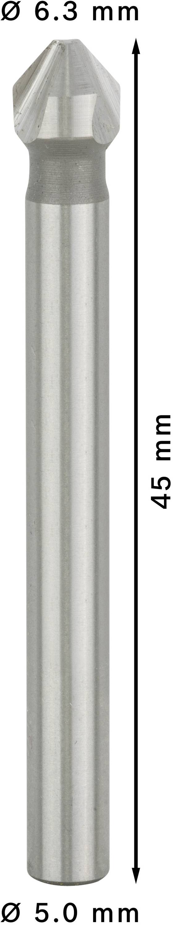 Een metaalfrees met 6,3 mm kop en 5,0 mm schachtdiameter, 45 mm lang. Ideaal voor precisie metaalbewerking.