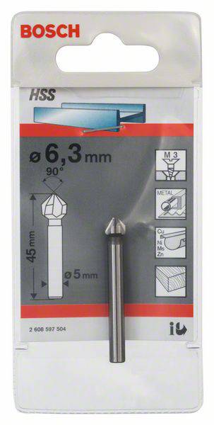 Verpakking van een Bosch HSS conische verzinkboor: Ø 6,3 mm, 90°; voor metaal. Productafbeelding, maatgegevens en toepassingssymbolen.