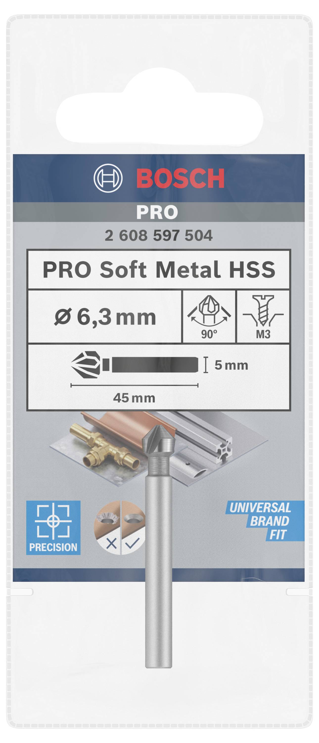 Boorset verpakking van Bosch voor 'PRO Soft Metal HSS', diameter 6,3 mm, 45 mm lang, universeel geschikt voor zachte metalen.