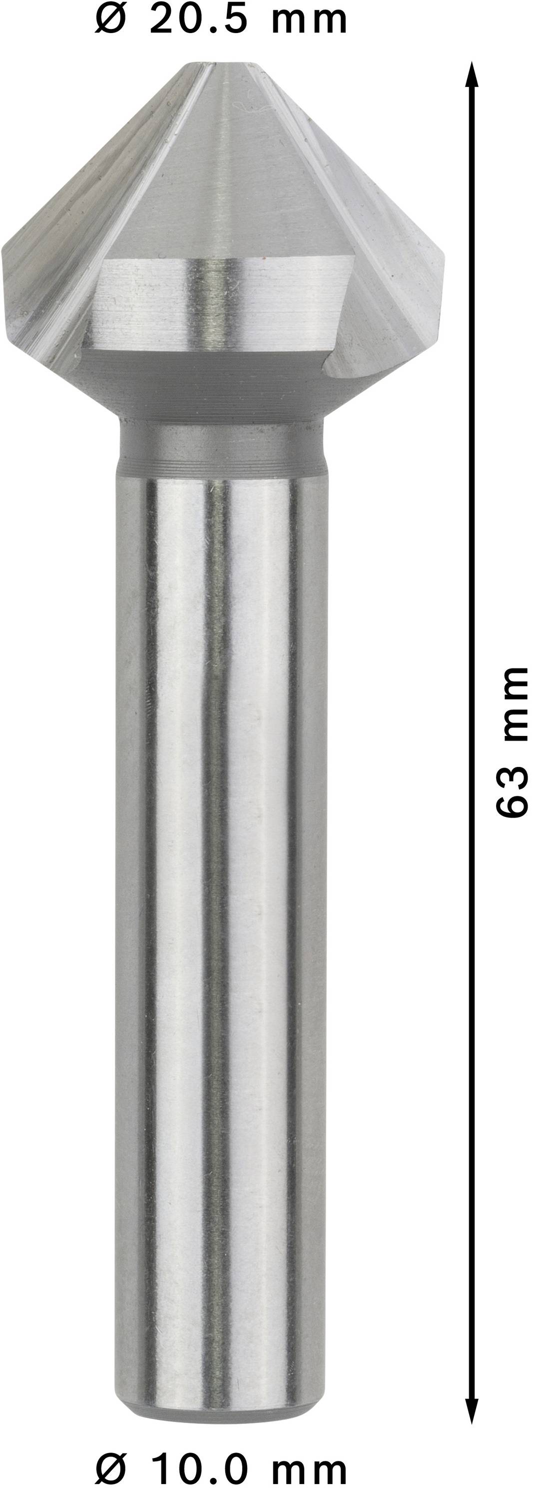 Een kegelverzinker met een totale lengte van 63 mm en een diameter van 20,5 mm aan de punt en 10,0 mm aan de schacht.