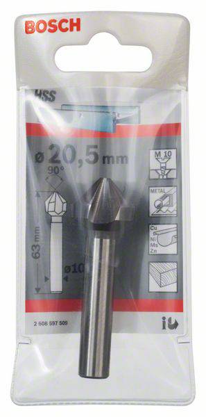 Metalen verzinkboor van Bosch, diameter 20,5 mm, verpakking met productinformatie over materialen en afmetingen.