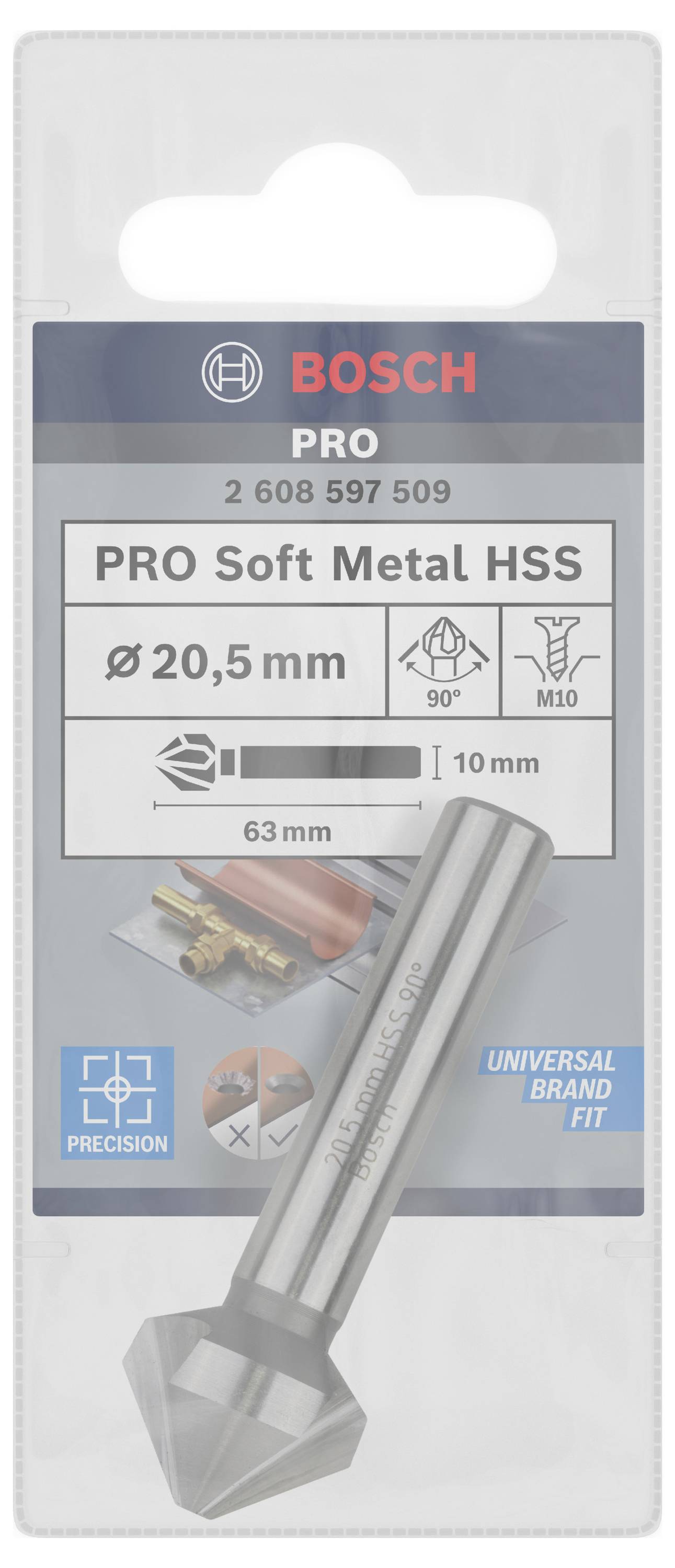 Verpakking voor Bosch verzinkboor, geschikt voor zachte metalen, diameter 20,5 mm, HSS-materiaal, 90° verzinkhoek, M10-schroefdraad.
