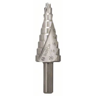 Stalen stappenboor met conische vorm. Op het oppervlak zijn de diametergroottes van 6 tot 20 mm en het merk 'Bosch' gegraveerd.