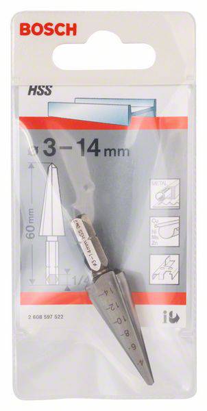 De afbeelding toont een Bosch HSS conische boor met een diameter van 3-14 mm in de verpakking. Geschikt voor metaalbewerkingen.