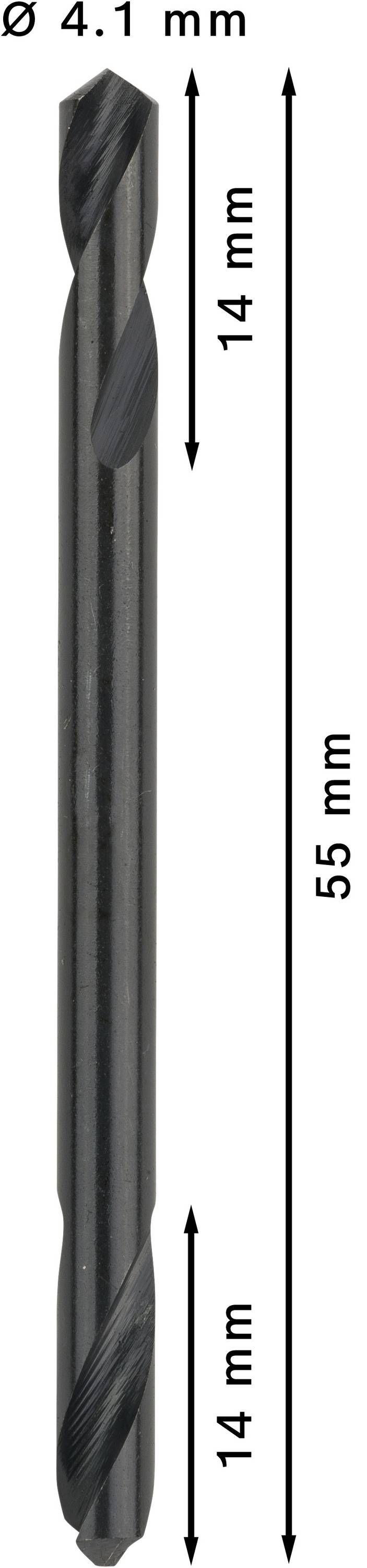Boor met een diameter van 4,1 mm en een lengte van 55 mm. De snijgebieden meten elk 14 mm.