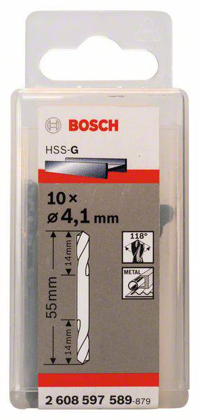 Bosch HSS-G boren, 10 stuks, diameter 4,1 mm, lengte 55 mm. Geschikt voor metaal. Productverpakking aan de voorkant.