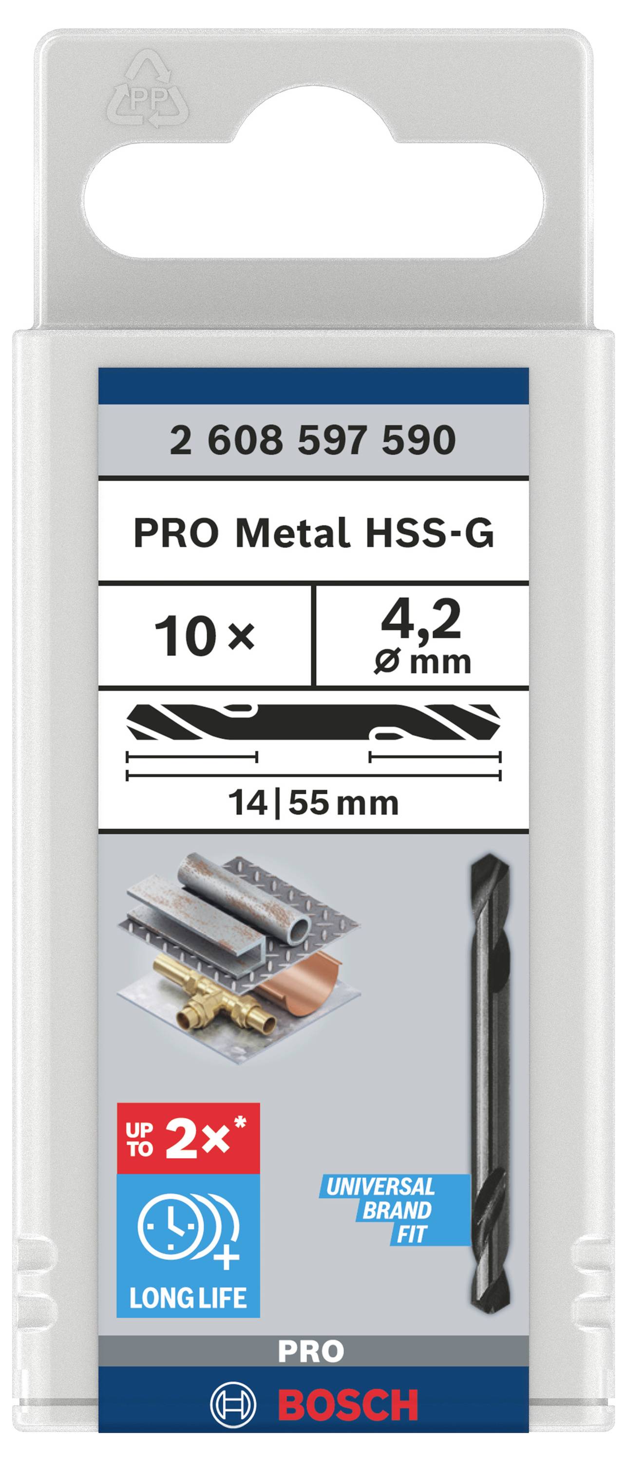 Verpakking voor boren: 10 stuks, diameter 4,2 mm, lengte 55 mm, geschikt voor metaal, merk Bosch, lange levensduur.
