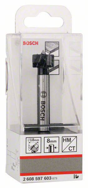 Frees van Bosch in verpakking. Aanduiding: Forstner-boor, diameter 18 mm, schacht 8 mm. Geschikt voor hard- en zacht hout.