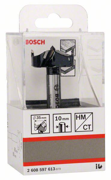 'Bosch 35 mm Forstner-boor in verpakking. Geschikt voor precisiegaten in hout. Diameter 35 mm, schacht 10 mm.'