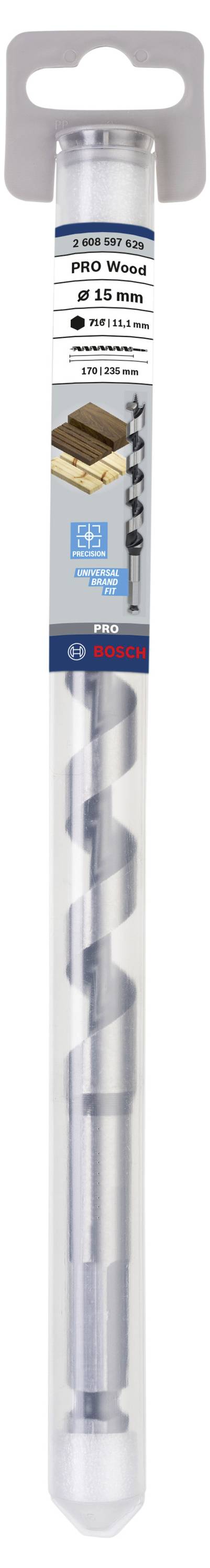 Verpakking van een Bosch houtboor met 18 mm diameter. Bevat informatie over het gebruik voor hout en afbeelding van de boor.