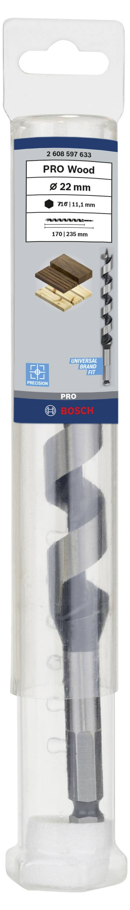Boor in verpakking, geschikt voor houtbewerking. Productinformatie bovenaan: 32 mm diameter, 360 mm lengte. Merknaam zichtbaar.