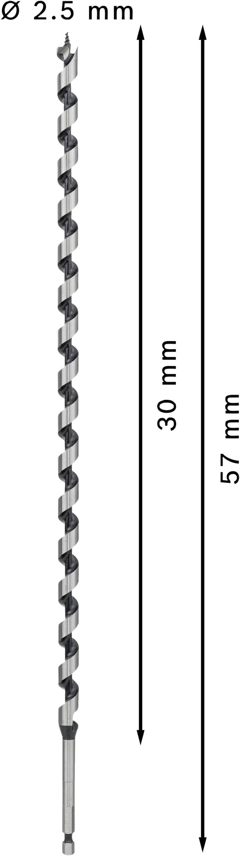 Boor met 2,5 mm diameter en 57 mm totale lengte, waarvan 30 mm bruikbare lengte.