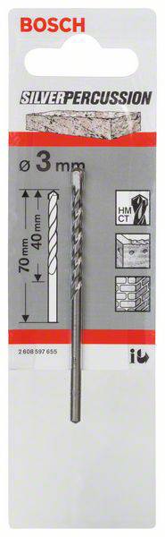 Verpakking van een Bosch betonboor, 3 mm diameter, 70 mm lengte. Geschikt voor beton met slagfunctie. Productnaam 'SilverPercussion'.