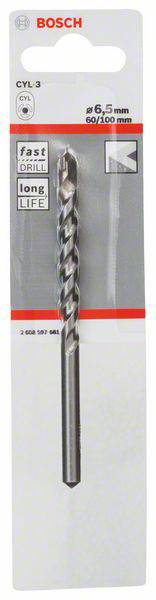 Bosch CYL-3 boor, 6,5 mm, voor beton en steen, verpakt op een blisterkaart.
