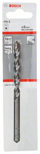 Een Bosch CYL-3 boor met 8 mm diameter in de originele verpakking, geschikt voor snel boren en lange levensduur.