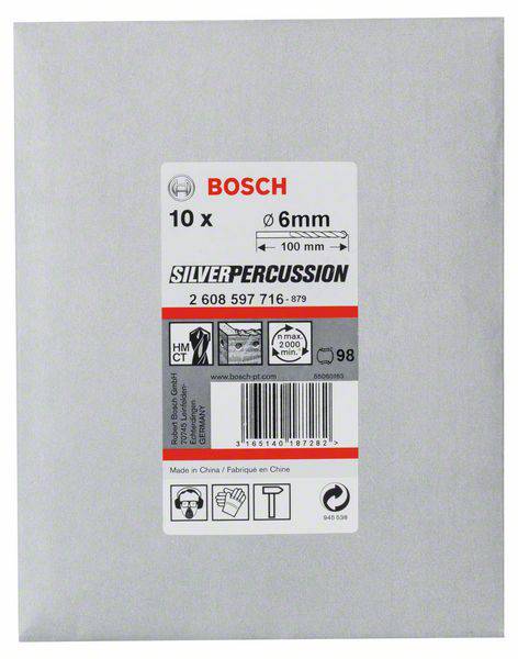Een verpakking met 10 Bosch boren, maat 6 mm x 100 mm, type 'Silver Percussion'. Verpakking toont logo's en productielocatie China.
