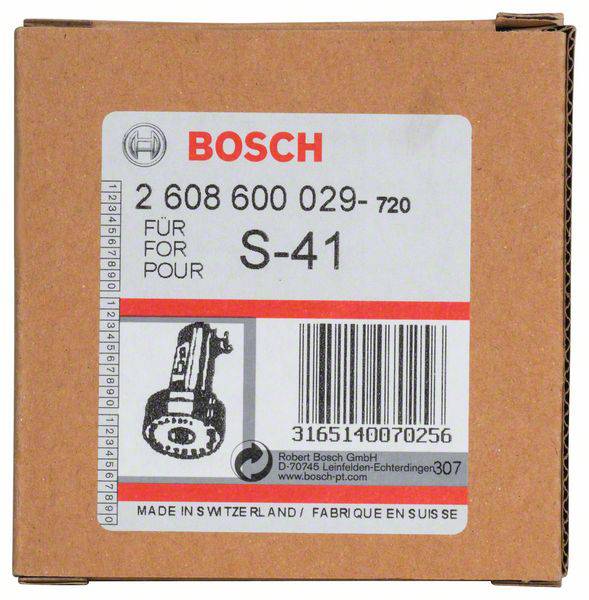 Kartonnen verpakking met Bosch-logo. Artikelnummer: 2 608 600 029-720. Model: S-41. Barcode onderaan rechts. Fabrikantsvermelding: Made in Switzerland.