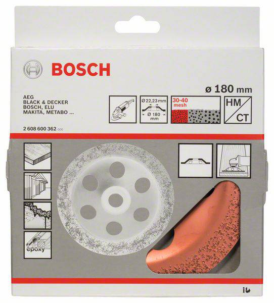 Verpakking van een 180 mm Bosch diamantslijpschijf voor beton. Toont de compatibiliteit met verschillende gereedschapsmerken en -modellen.