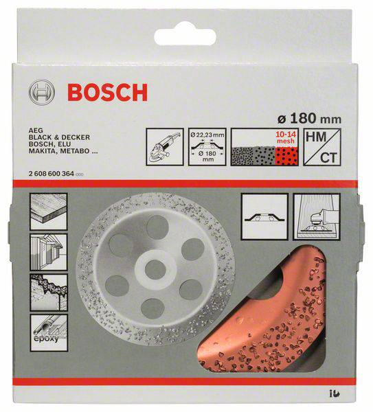 Verpakking van een Bosch slijpschijf met 180 mm diameter voor beton en dekvloer. Bevat illustraties voor gebruik.