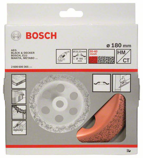Verpakking van 'Bosch' slijpschijven. Toont een slijpschijf, compatibiliteit met verschillende merken, 180 mm diameter, korrelgrootte 30-40.
