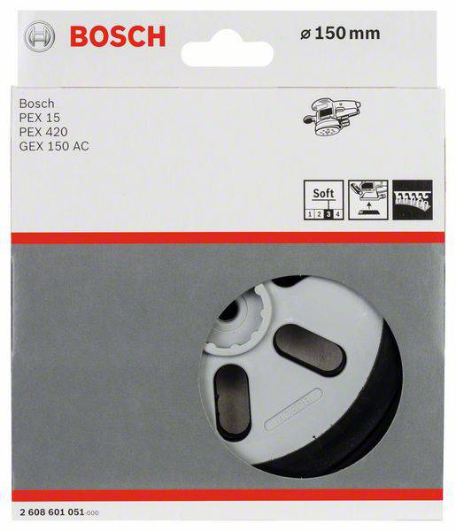 'Bosch schuurschijf, diameter 150 mm, compatibel met PEX 15, PEX 420, GEX 150 AC. Zachte structuur voor fijn schuren.'