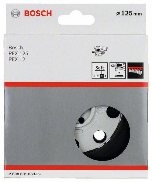 'Packaging for Bosch grinding discs, suitable for PEX 125 and PEX 12 models, 125 mm diameter, soft grinding property, 5 pieces.'
