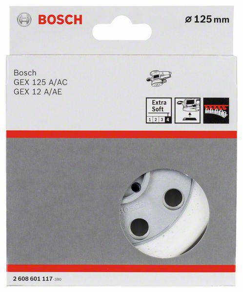 Verpakking van een Bosch excentrische schuurmachine, model GEX 125 A/AC en GEX 12 A/AE, diameter 125 mm, met afbeelding van het gereedschap.