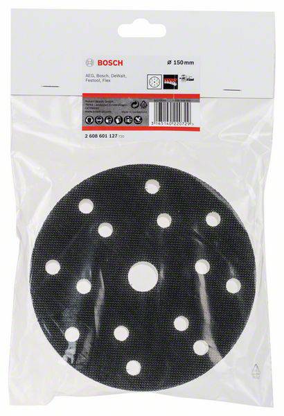 Bosch slijpschijf, 150 mm, met meerdere gaten, verpakt in een doorzichtige plastic zak. Geschikt voor verschillende slijpmachines.