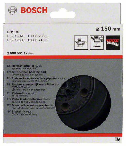 Verpakking van een Bosch zachte schuurschijf voor 150 mm slijpmachines. Bevat productkenmerken, afbeeldingen en technische specificaties.