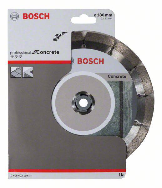 'Zaagblad met diamantbezette snijkanten, geschikt voor beton. Merk Bosch, diameter 180 mm.'