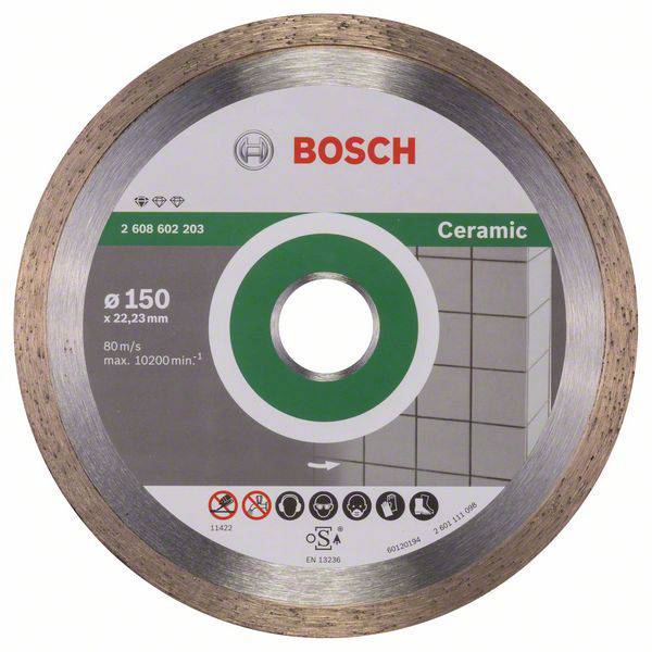 Bosch-snijschijf, speciaal voor keramiek, met een diameter van 150 mm en een maximaal toerental van 10.200 per minuut.