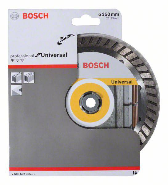 Bosch universeel zaagblad voor haakse slijper, diameter 150 mm, geschikt voor verschillende materialen.