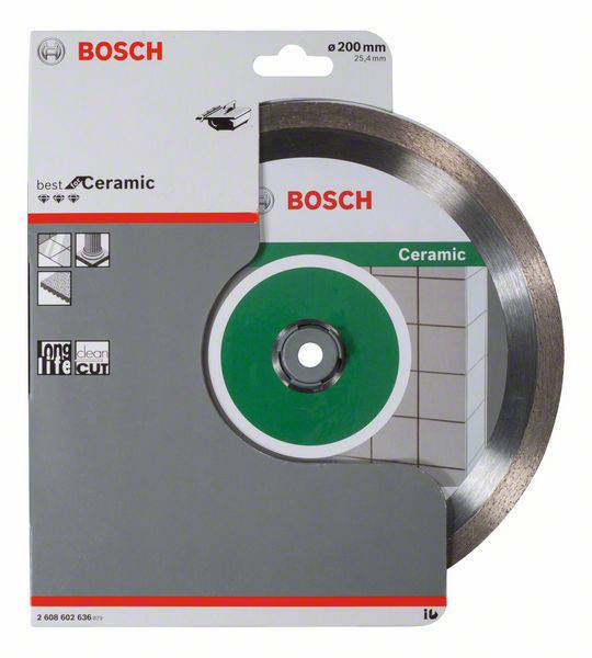 Bosch keramische doorslijpschijf, 200 mm, voor nauwkeurig tegels snijden. Verpakking met afbeelding van de schijf en toepassingsvoorbeelden.