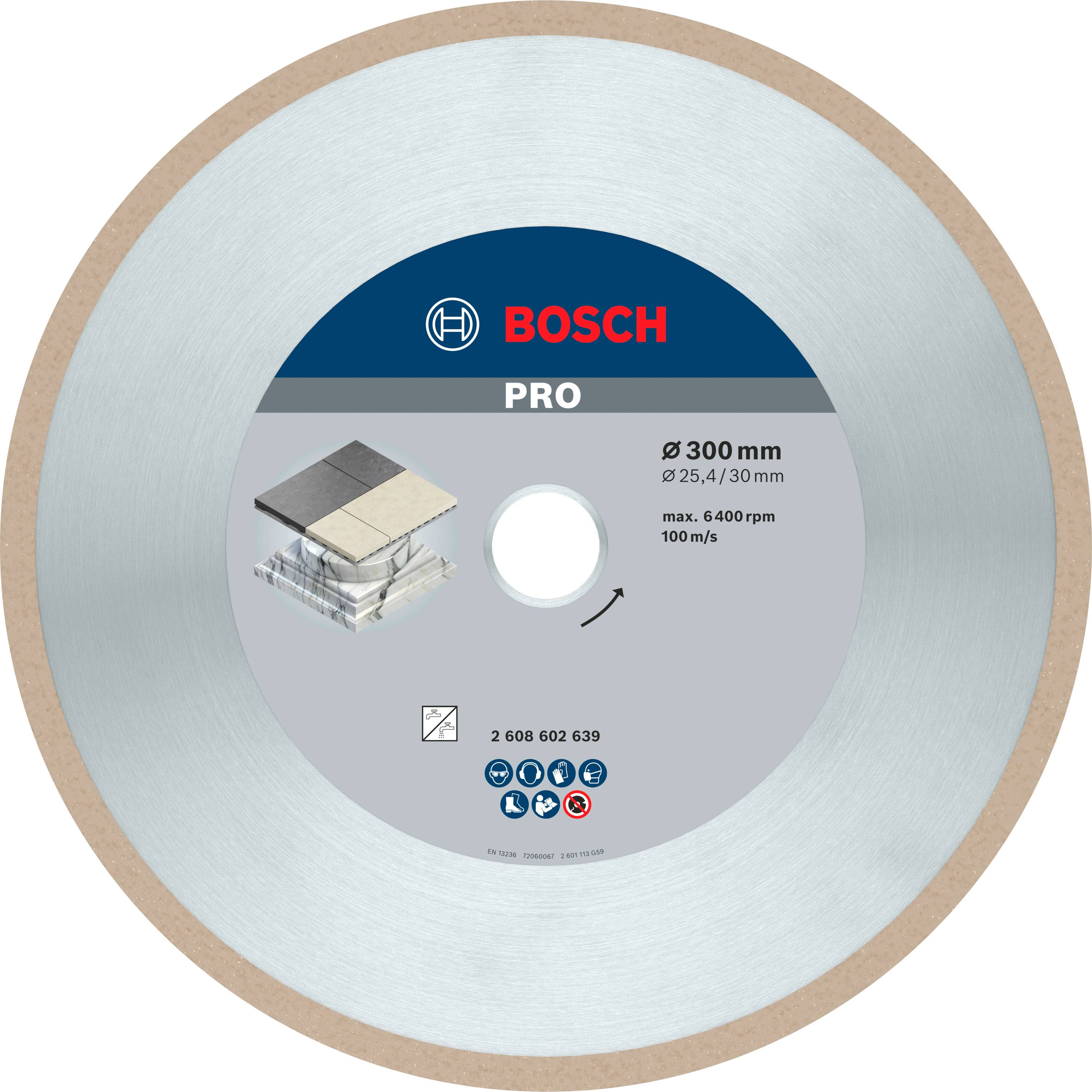 Slijpschijf van Bosch 'PRO', 300 mm diameter, max. 6400 tpm, 100 m/s. Geschikt voor tegelbewerking.