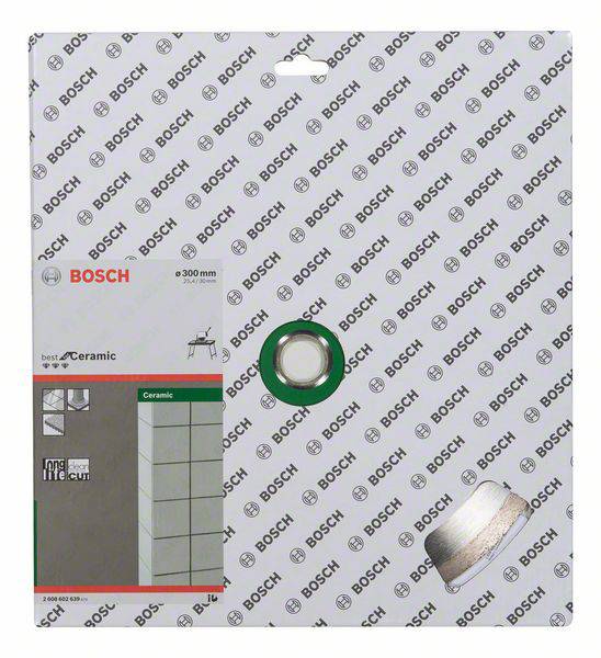Verpakking van Bosch tegelsnijschijf, geschikt voor keramiek, 300 mm diameter, toont product- en merkdetails op karton.