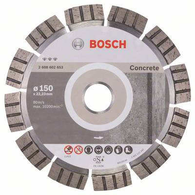 Bosch diamantschijf, geschikt voor beton. Diameter: 150 mm, boring: 22,23 mm, maximale rotatiesnelheid: 80 m/s.