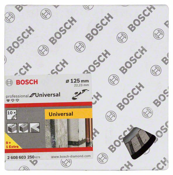 Verpakking van een Bosch universele slijpschijf, 125 mm diameter, geschikt voor verschillende materialen zoals steen, metaal en hout.