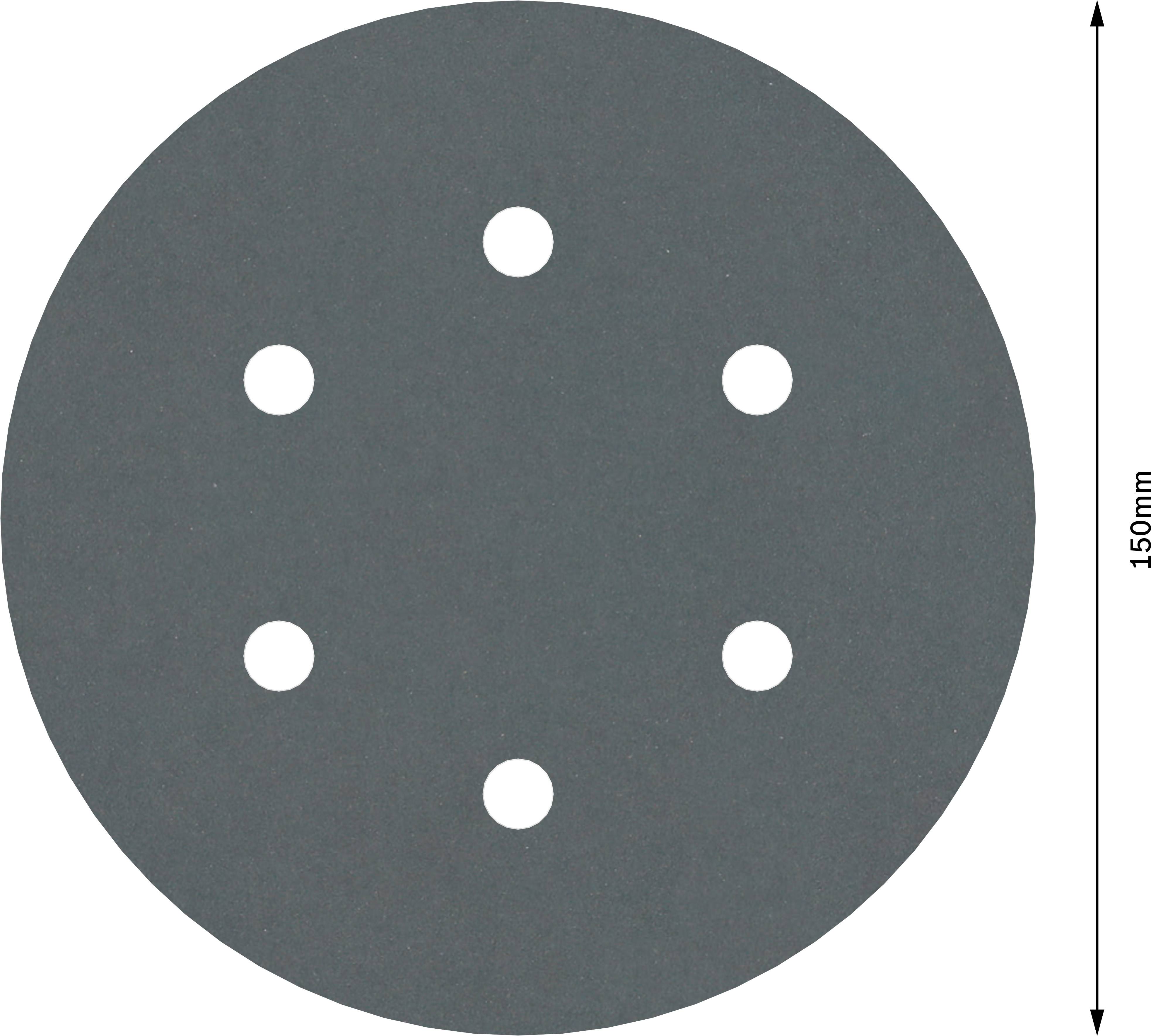 Ronde slijpschijf met zes gelijkmatig verdeelde gaten, diameter 150 mm, op grijze achtergrond.
