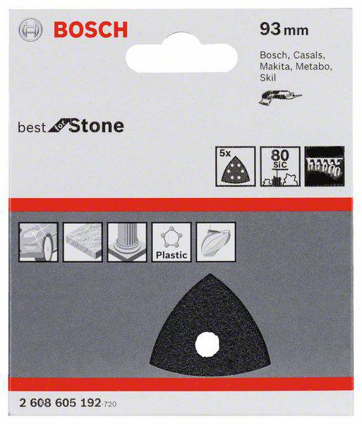 Verpakking van een driehoekig schuurpapier van Bosch, geschikt voor steen met een grootte van 93 mm. Bevat iconische symbolen en merknaam.