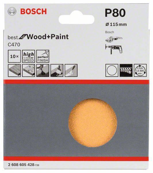 Bosch schuurpapier P80 voor hout- en lakwerkzaamheden, diameter 115 mm, geschikt voor haakse slijpers, 10 stuks.