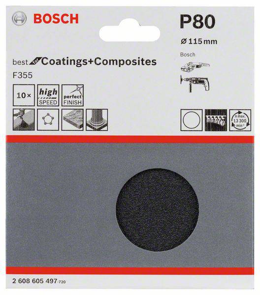 Slijpschijf van Bosch, model P80, diameter 115 mm, geschikt voor coatings+composieten. Verpakking toont symbolen voor snelheid en afwerking.
