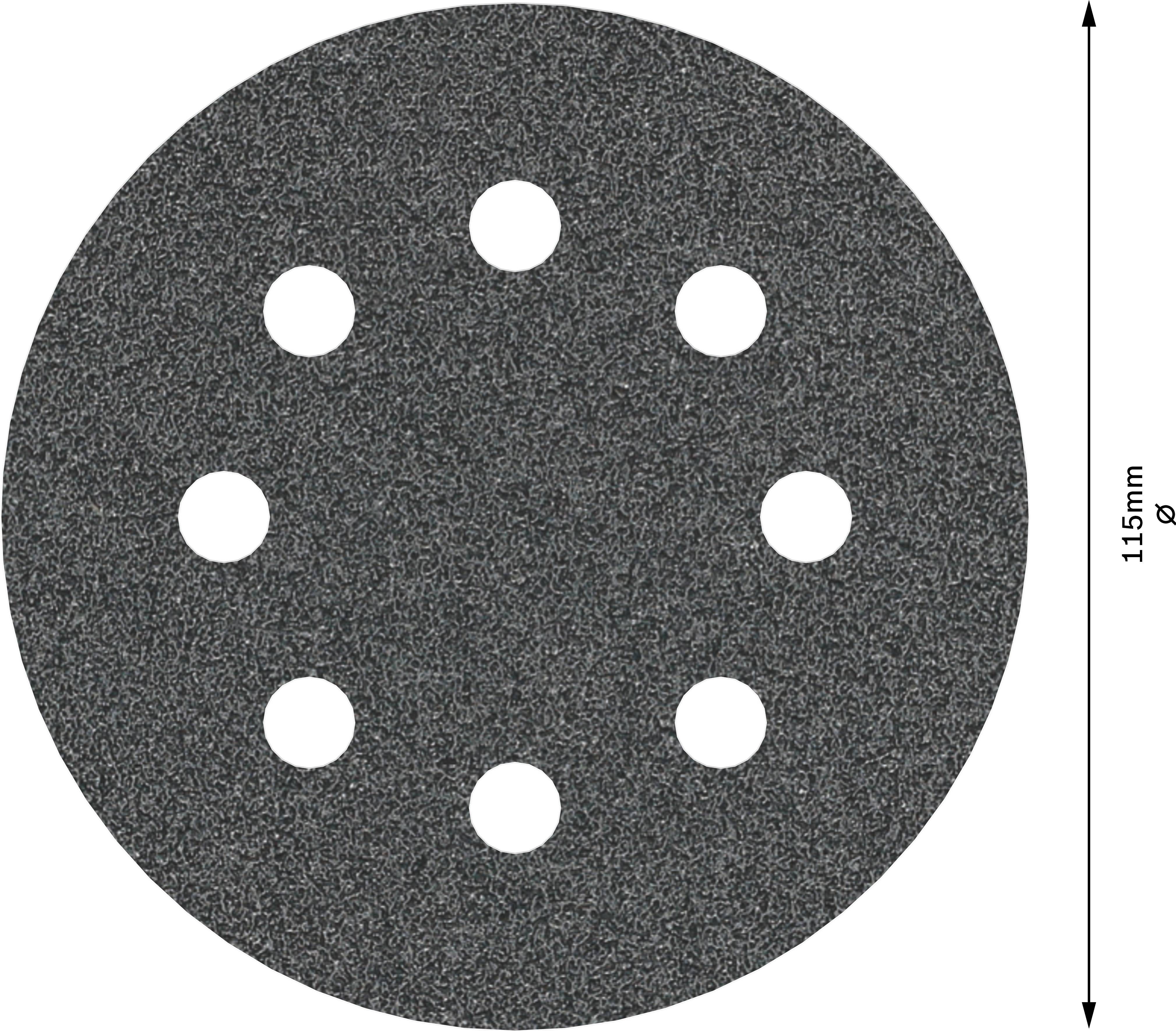 Rond schuurpapier met acht gaten, diameter 115 mm, voor lichte achtergrond.