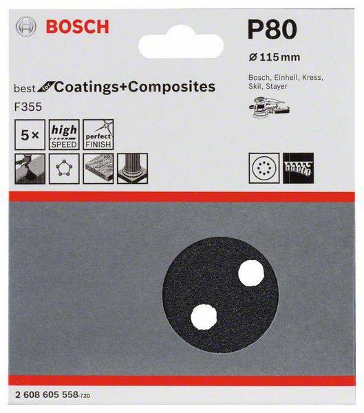 Schuurpapier-schijf, P80, Ø 115 mm voor Bosch, Einhell, Kress. Geschikt voor coatings en composieten. F355, hoge snelheid, perfect eindresultaat.