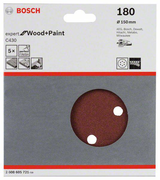 Verpakking voor Bosch schuurschijf 'expert for Wood+Paint' met korrelgrootte 180, diameter 150 mm. Geschikt voor verschillende schuurmachines.