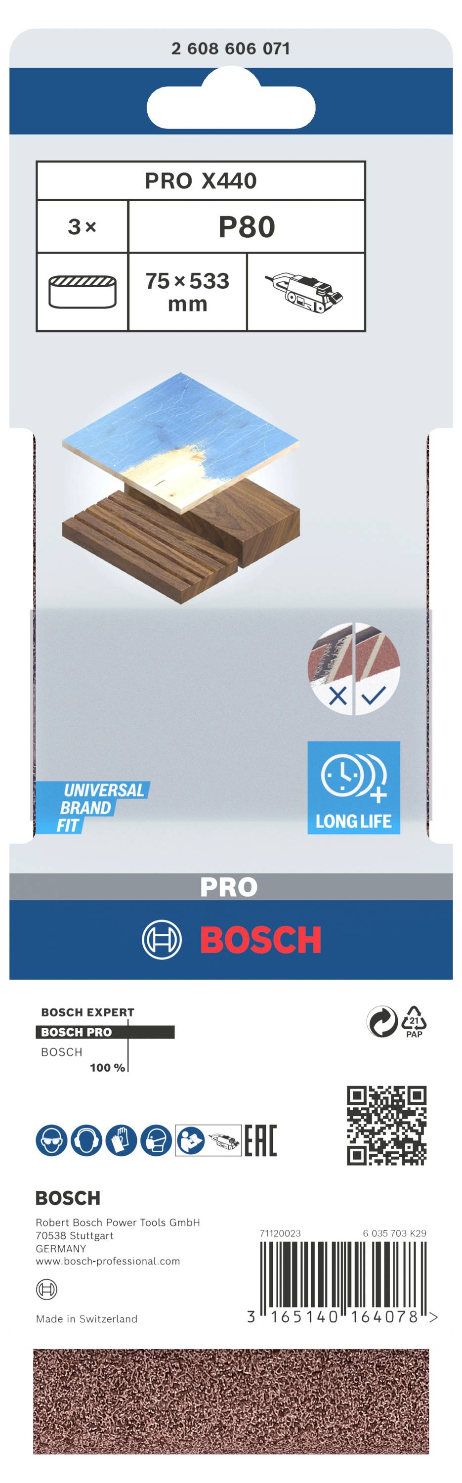 Verpakking voor Bosch schuurpapier PRO X440 P80 met afmetingen 75 x 533 mm. Drie stuks inbegrepen. Geschikt voor hout en metaal.