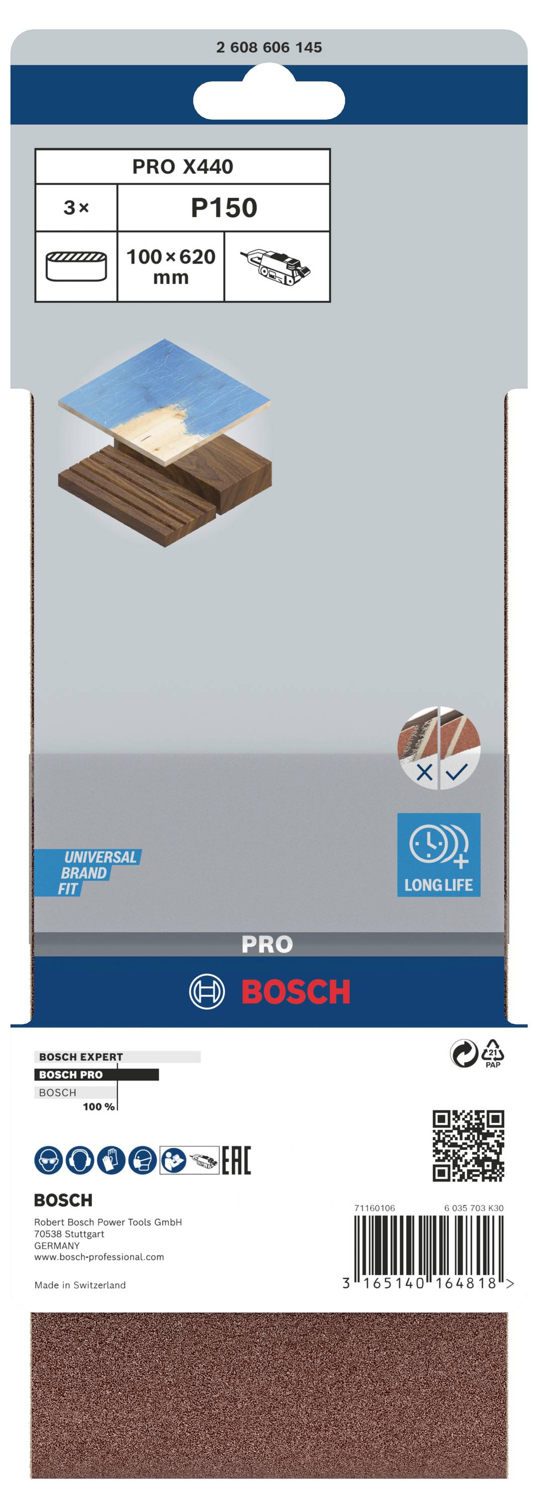 'Bosch schuurblad P150, 100 x 620 mm, 3 stuks per verpakking, voor hout- en metaalbewerking, lange levensduur.'
