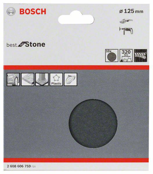 'Bosch slijpschijf, Ø 125 mm, voor steen, 320 korrel, 10x, geschikt voor kunststof.' Verpakking met productinformatie en symbolen.